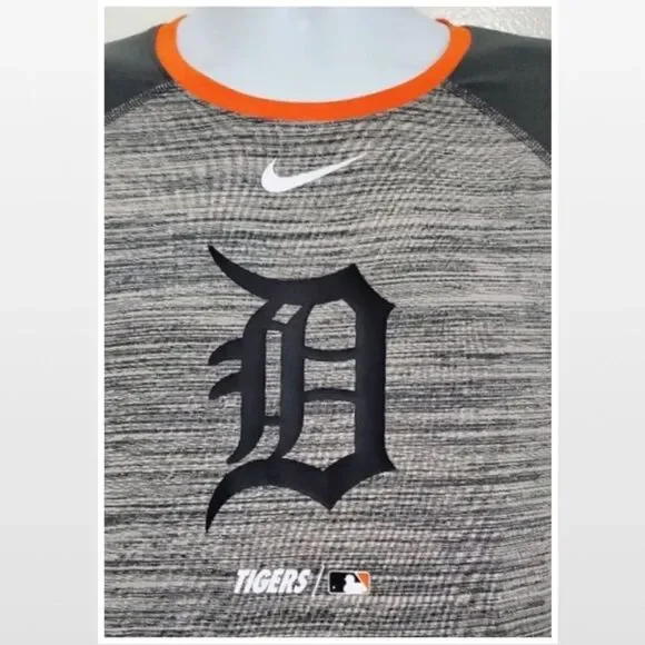 Nike Top Mens Large MLB Detroit Det. Tigers Grey Raglan Baseball Sport Shirt - Picture 4 of 14